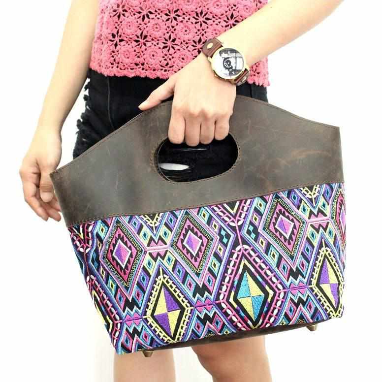 Geometric Handle Embroidered Leather Bag - Thailand Bags La Vie Bien Geometric Handle Embroidered Leather Bag - Thailand