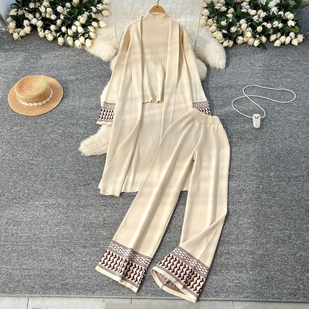 Geometric Jacquard-Trim Ribbed Knit 3-Piece Set(MS471) La Vie Bien Geometric Jacquard-Trim Ribbed Knit 3-Piece Set(MS471)
