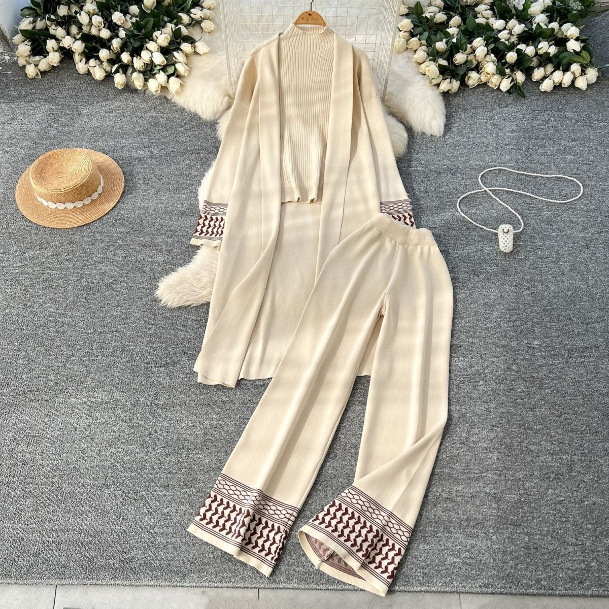Geometric Jacquard-Trim Ribbed Knit 3-Piece Set(MS471) La Vie Bien Geometric Jacquard-Trim Ribbed Knit 3-Piece Set(MS471)