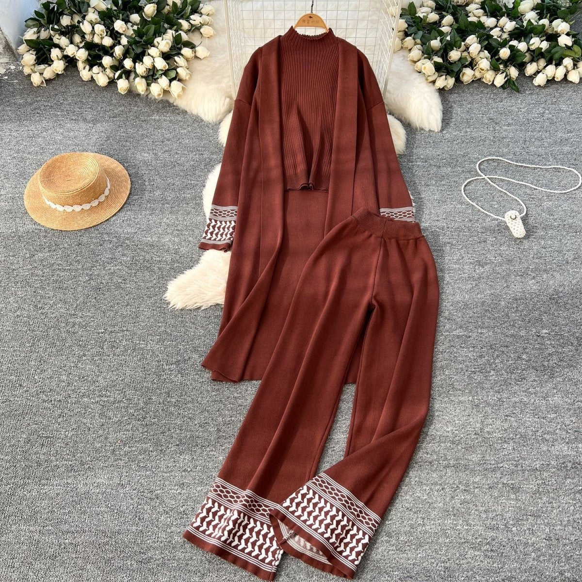Geometric Jacquard-Trim Ribbed Knit 3-Piece Set(MS471) La Vie Bien Geometric Jacquard-Trim Ribbed Knit 3-Piece Set(MS471)