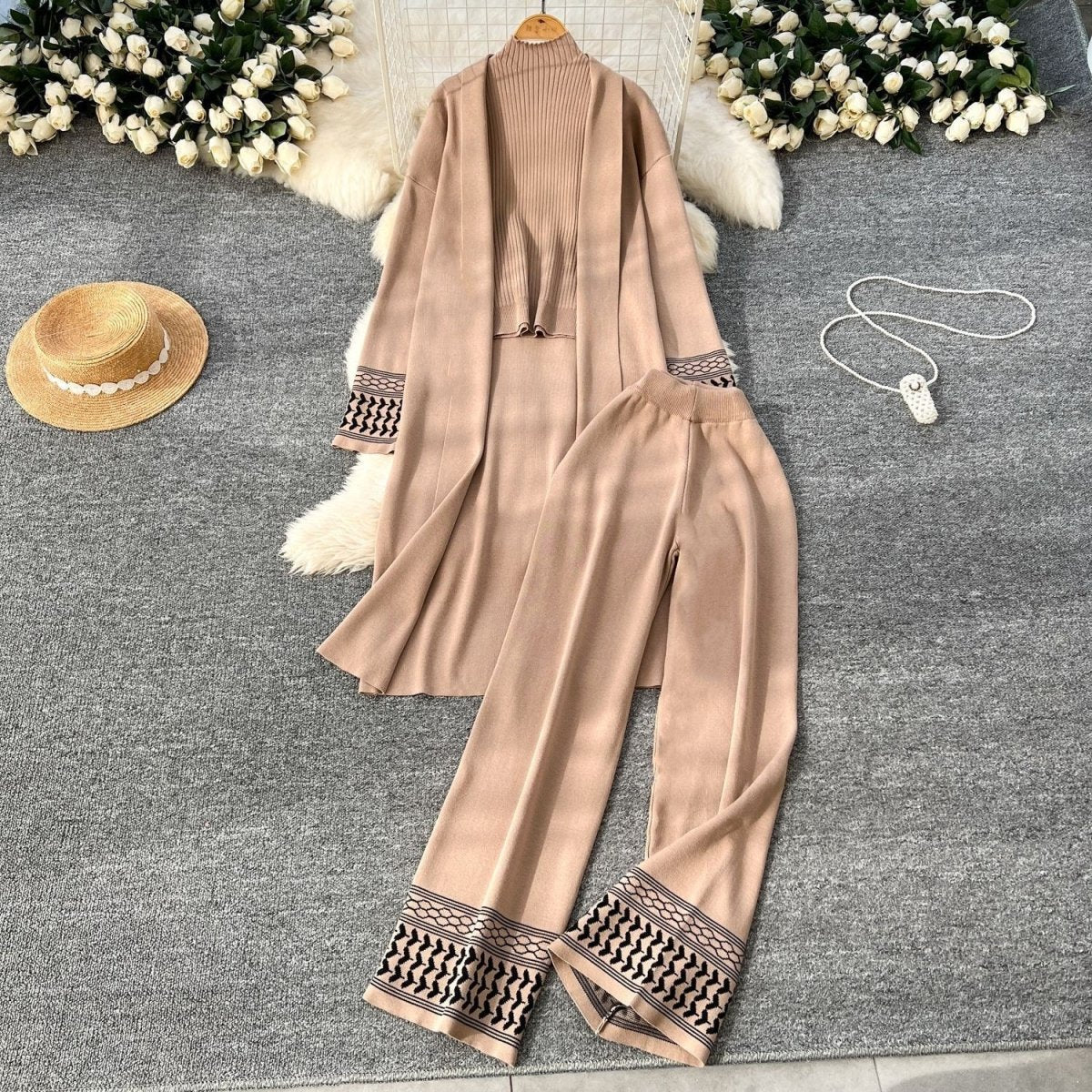 Geometric Jacquard-Trim Ribbed Knit 3-Piece Set(MS471) La Vie Bien Geometric Jacquard-Trim Ribbed Knit 3-Piece Set(MS471)