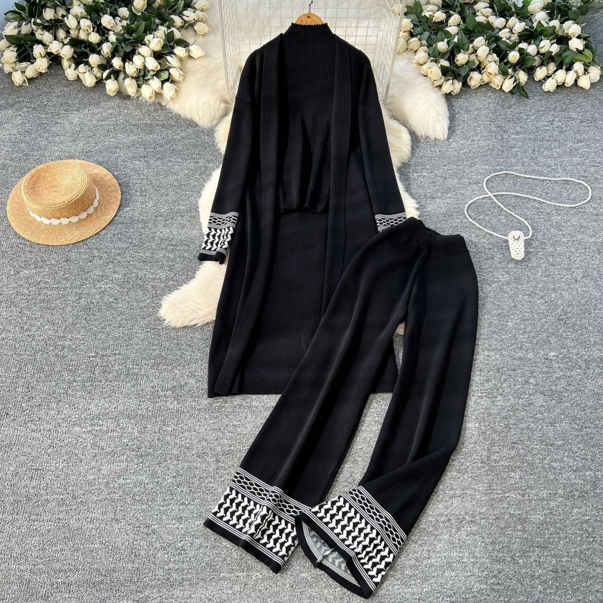Geometric Jacquard-Trim Ribbed Knit 3-Piece Set(MS471) La Vie Bien Geometric Jacquard-Trim Ribbed Knit 3-Piece Set(MS471)