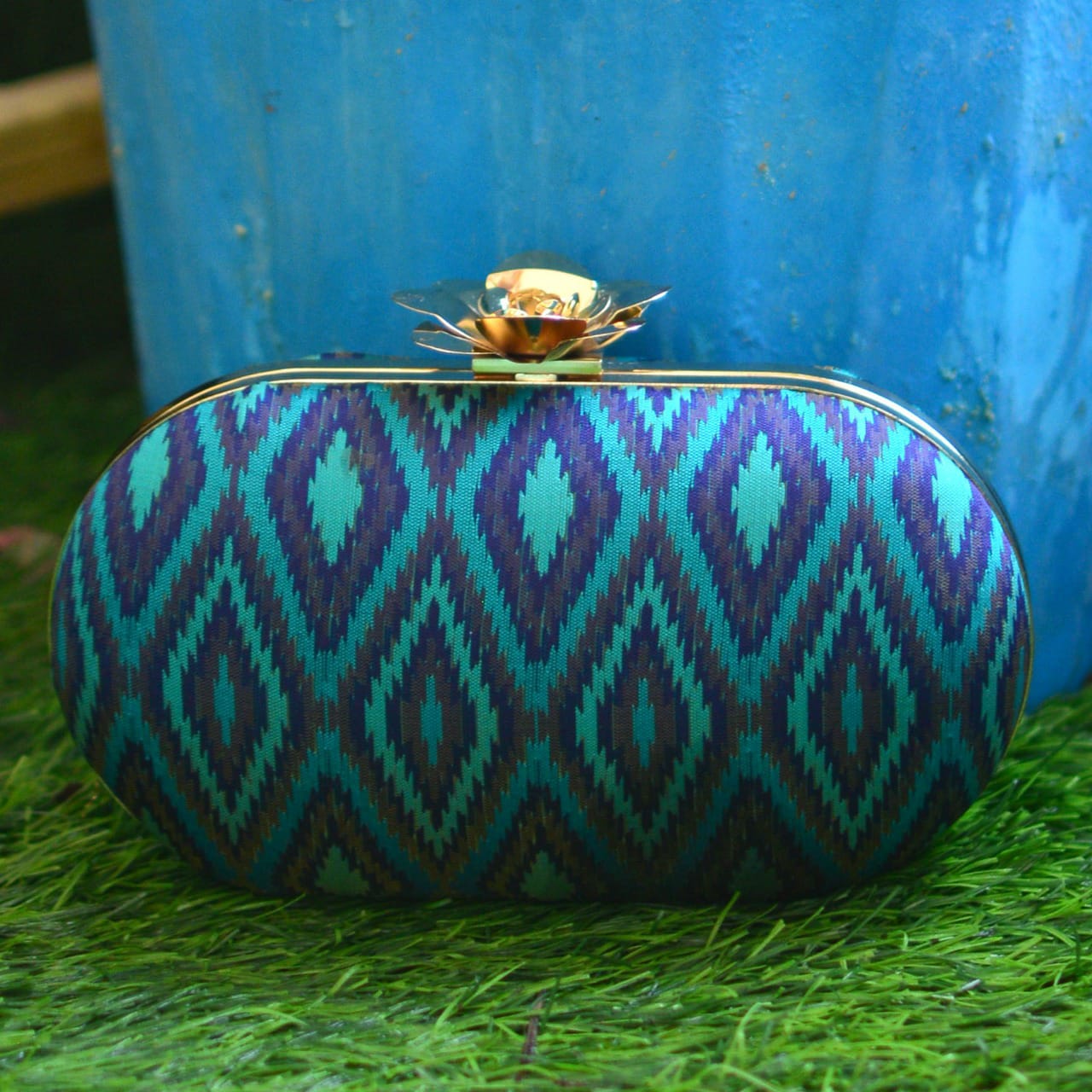 Geometric Pattern Fabric Cylindrical Shape Clutch with Designer Floral Knob La Vie Bien Geometric Pattern Fabric Cylindrical Shape Clutch with Designer Floral Knob