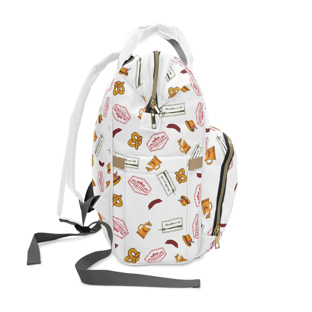 German goodies Diaper Backpack, White Travel Baby Bag with Berlin stamp, Bavarian pretzel, Fernsehturm tower, beer stein Bags La Vie Bien German goodies Diaper Backpack, White Travel Baby Bag with Berlin stamp, Bavarian pretzel, Fernsehturm tower, beer stein