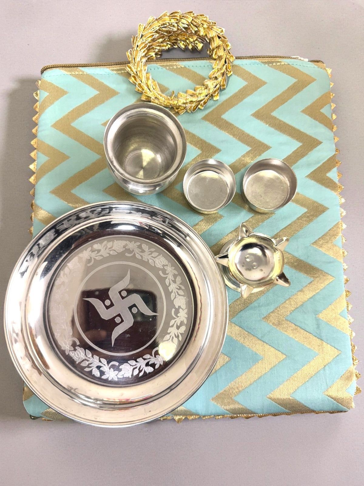 German Silver 5 Piece Thali set with Chevron Gota Bag La Vie Bien German Silver 5 Piece Thali set with Chevron Gota Bag