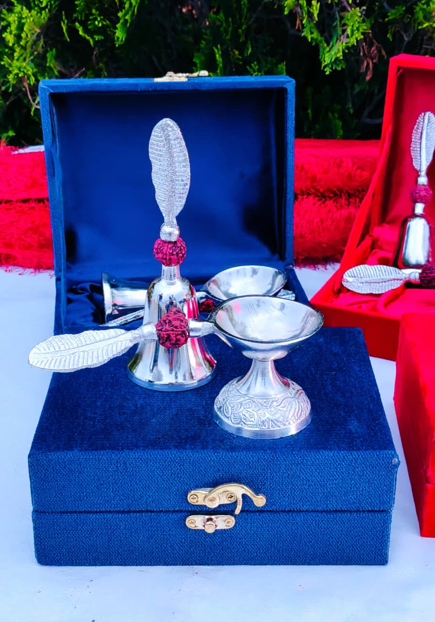 German Silver Bell with Aarti Diya Set La Vie Bien German Silver Bell with Aarti Diya Set