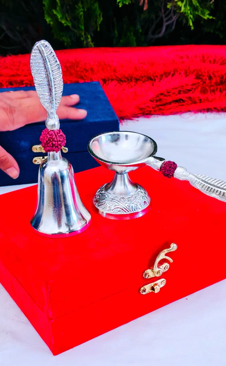German Silver Bell with Aarti Diya Set La Vie Bien German Silver Bell with Aarti Diya Set