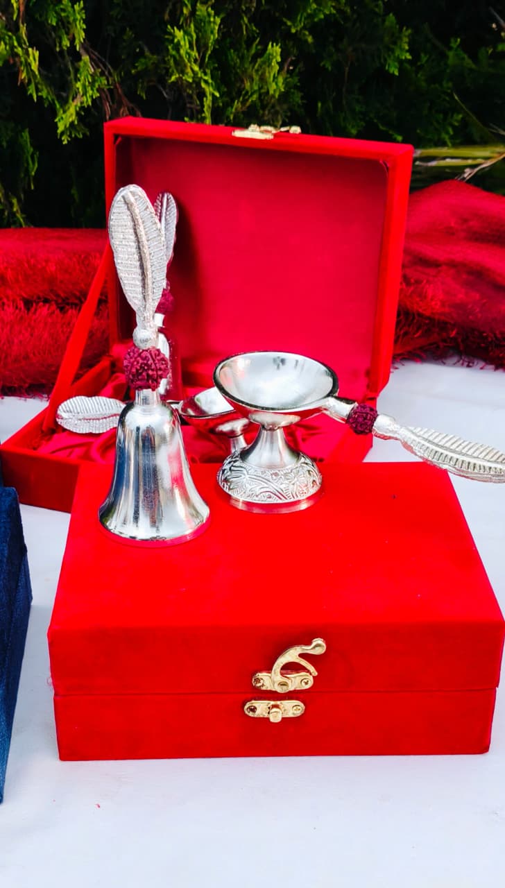German Silver Bell with Aarti Diya Set La Vie Bien German Silver Bell with Aarti Diya Set