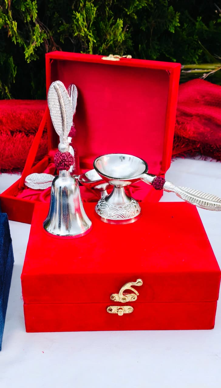German Silver Bell with Aarti Diya Set La Vie Bien German Silver Bell with Aarti Diya Set