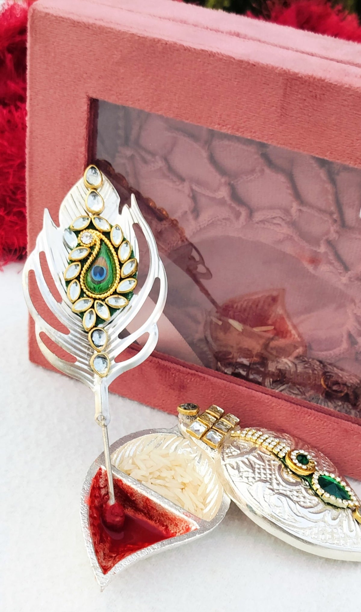 German Silver Combo of Koyari Haldi Kumkum Dani with Peacock Feather Stick In Velvet Box La Vie Bien German Silver Combo of Koyari Haldi Kumkum Dani with Peacock Feather Stick In Velvet Box