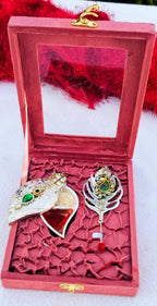 German Silver Combo of Koyari Haldi Kumkum Dani with Peacock Feather Stick In Velvet Box La Vie Bien German Silver Combo of Koyari Haldi Kumkum Dani with Peacock Feather Stick In Velvet Box