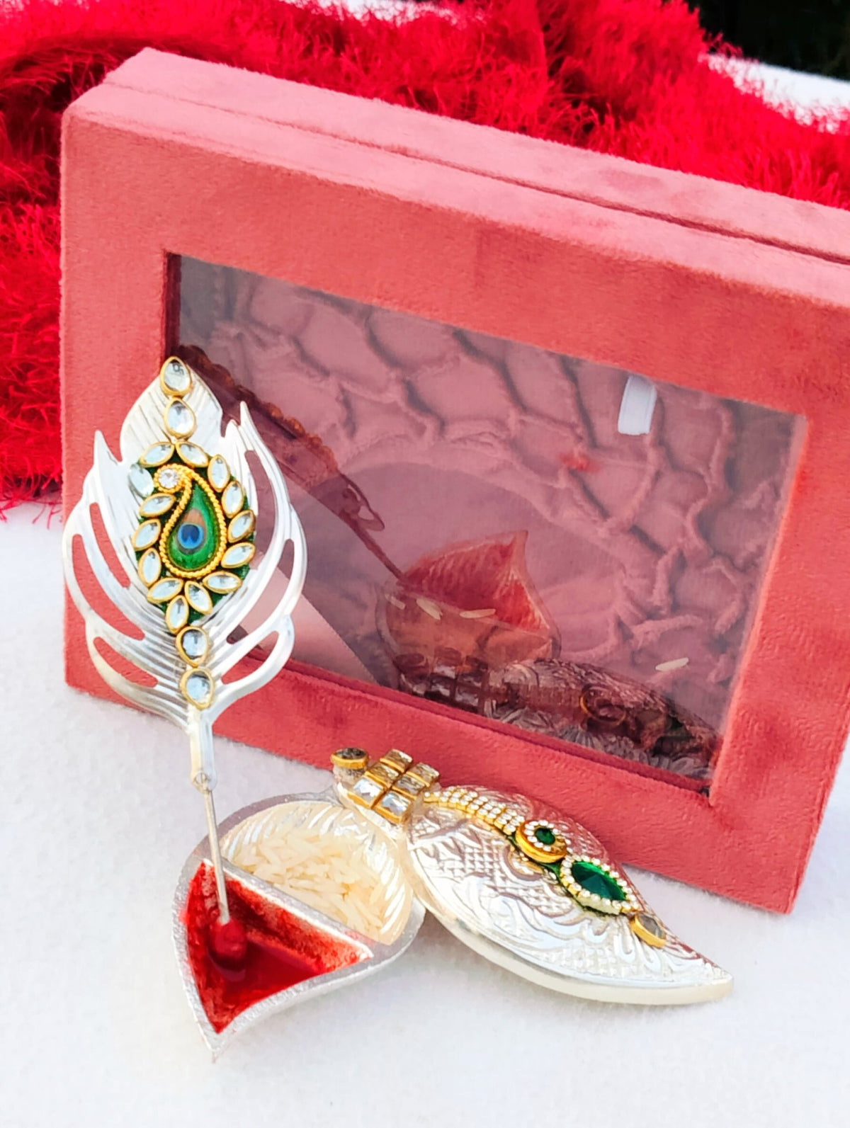 German Silver Combo of Koyari Haldi Kumkum Dani with Peacock Feather Stick In Velvet Box La Vie Bien German Silver Combo of Koyari Haldi Kumkum Dani with Peacock Feather Stick In Velvet Box