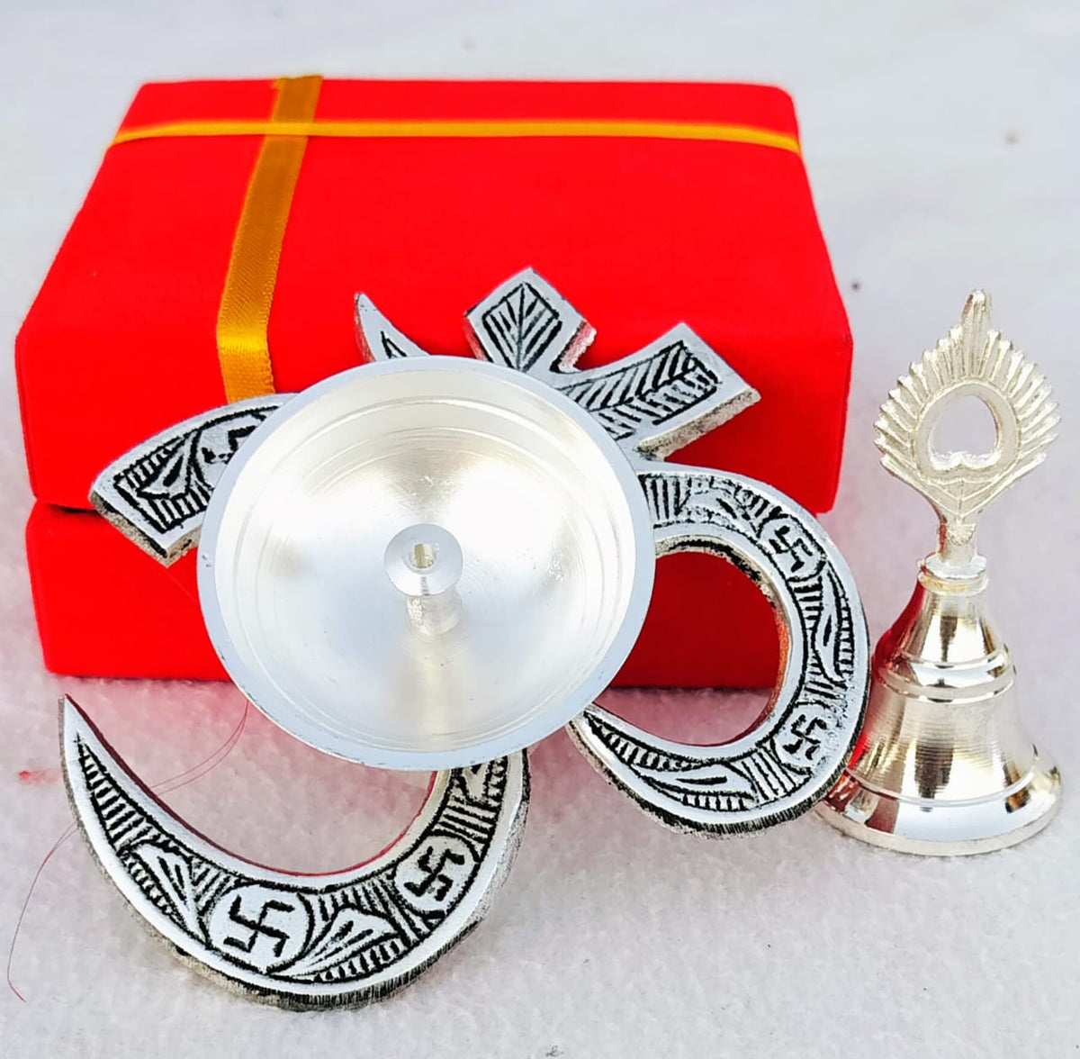 German Silver Combo of Om Diya with Bell La Vie Bien German Silver Combo of Om Diya with Bell