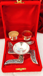 German Silver Combo of Swastik Diya with Two Haldi Kumkum Bowls La Vie Bien German Silver Combo of Swastik Diya with Two Haldi Kumkum Bowls
