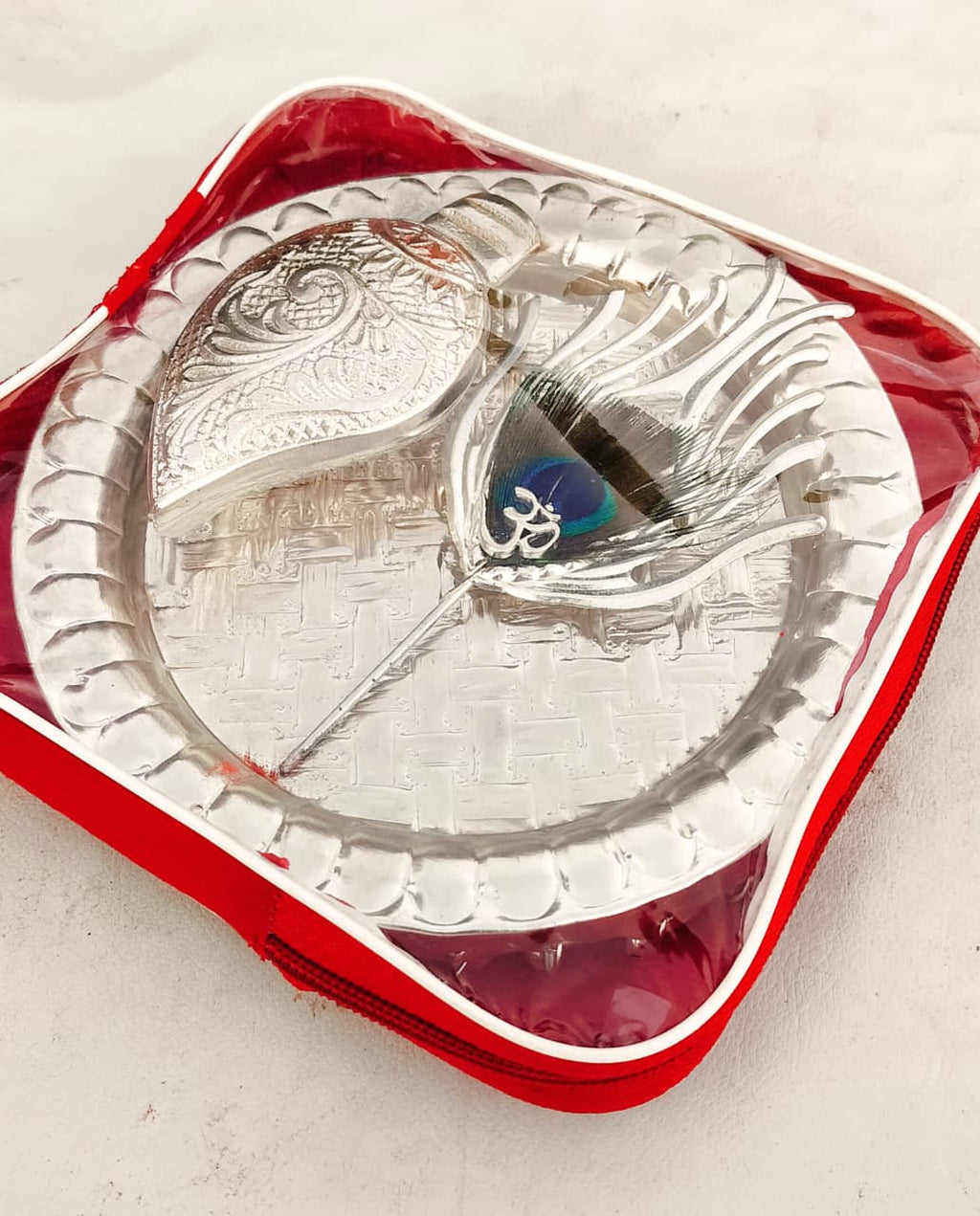 German Silver Ghungru Aarti Thali Set with Om Tika Stick La Vie Bien German Silver Ghungru Aarti Thali Set with Om Tika Stick
