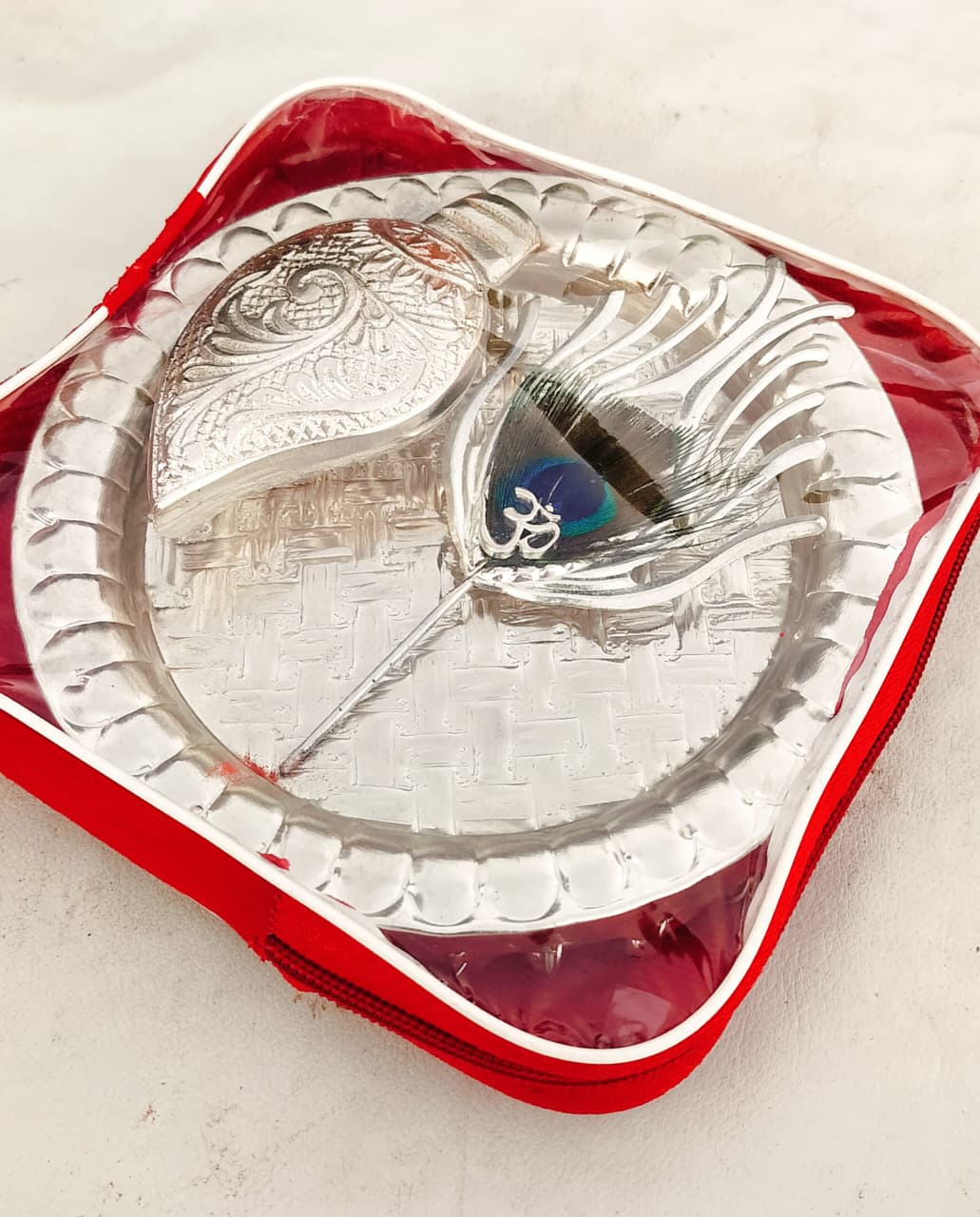 German Silver Ghungru Aarti Thali Set with Om Tika Stick La Vie Bien German Silver Ghungru Aarti Thali Set with Om Tika Stick