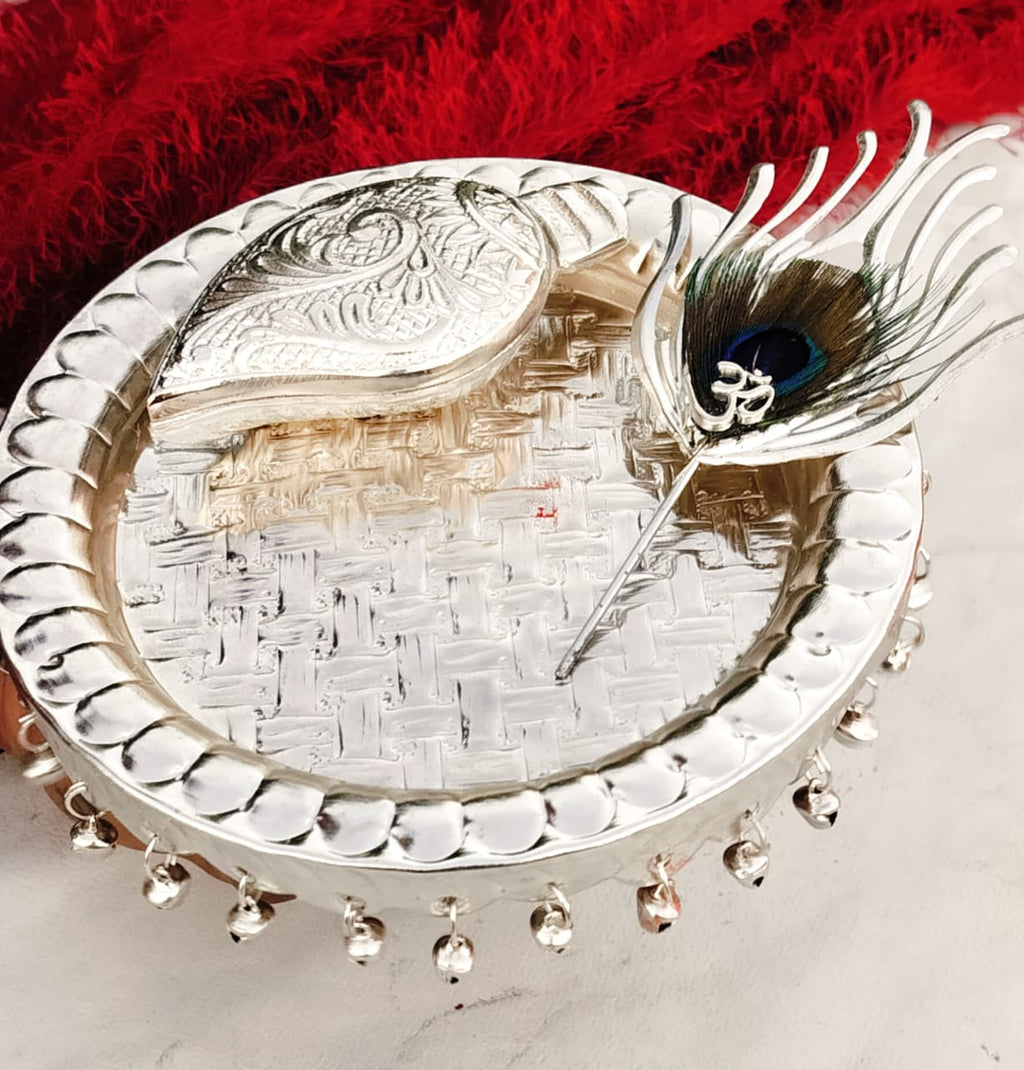 German Silver Ghungru Aarti Thali Set with Om Tika Stick La Vie Bien German Silver Ghungru Aarti Thali Set with Om Tika Stick