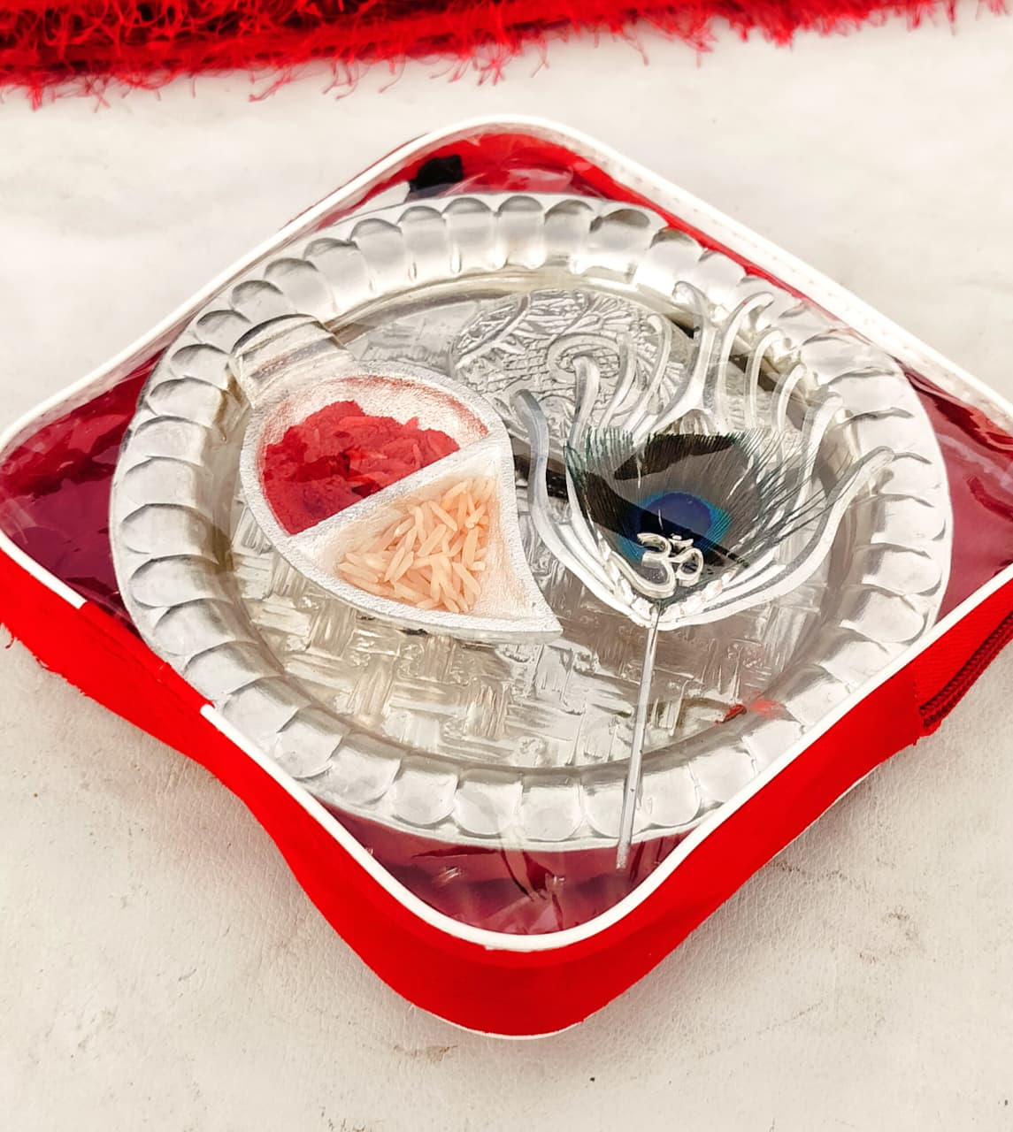 German Silver Ghungru Aarti Thali Set with Om Tika Stick La Vie Bien German Silver Ghungru Aarti Thali Set with Om Tika Stick