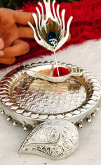 German Silver Ghungru Aarti Thali Set with Om Tika Stick La Vie Bien German Silver Ghungru Aarti Thali Set with Om Tika Stick