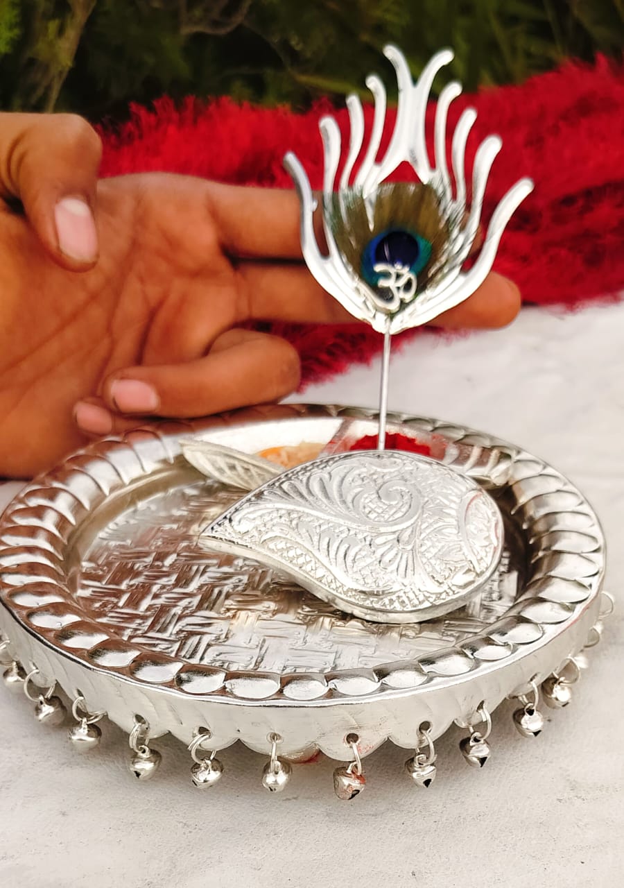 German Silver Ghungru Aarti Thali Set with Om Tika Stick La Vie Bien German Silver Ghungru Aarti Thali Set with Om Tika Stick