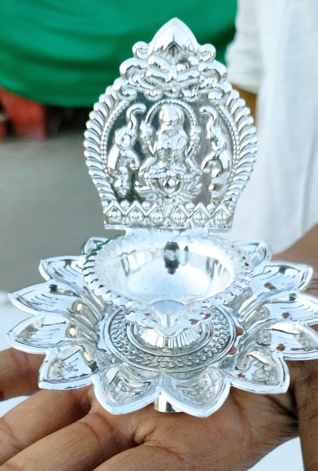 German Silver Laxmi on Lotus Diya with Stand La Vie Bien German Silver Laxmi on Lotus Diya with Stand