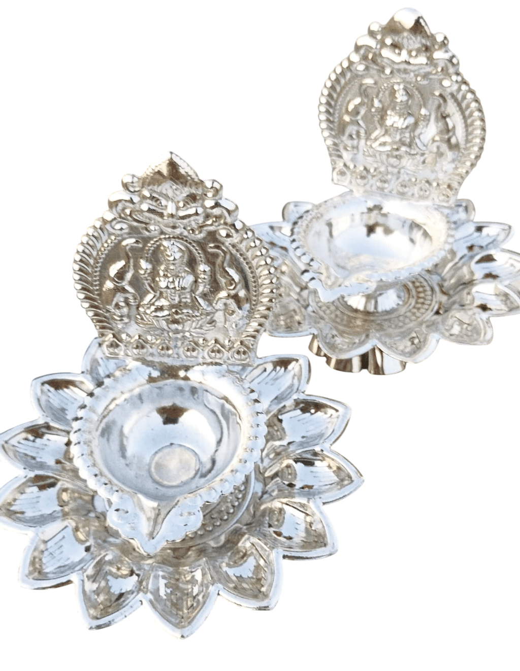German Silver Laxmi on Lotus Diya with Stand La Vie Bien German Silver Laxmi on Lotus Diya with Stand