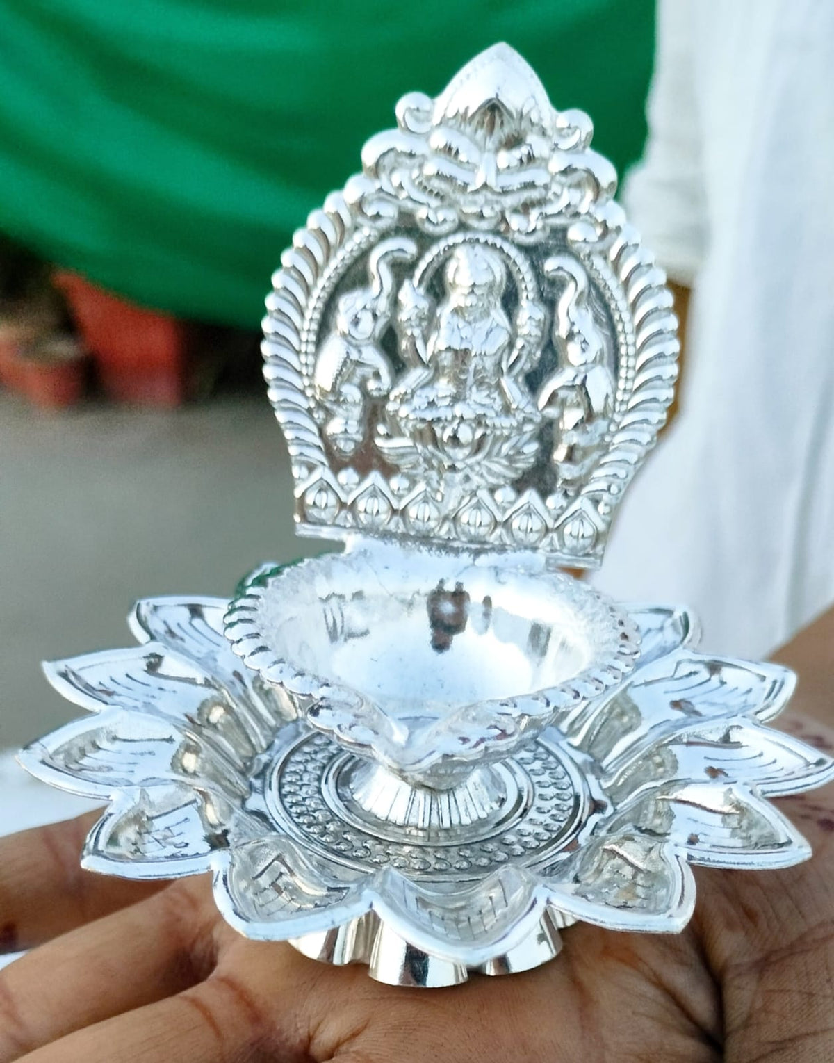 German Silver Laxmi on Lotus Diya with Stand La Vie Bien German Silver Laxmi on Lotus Diya with Stand