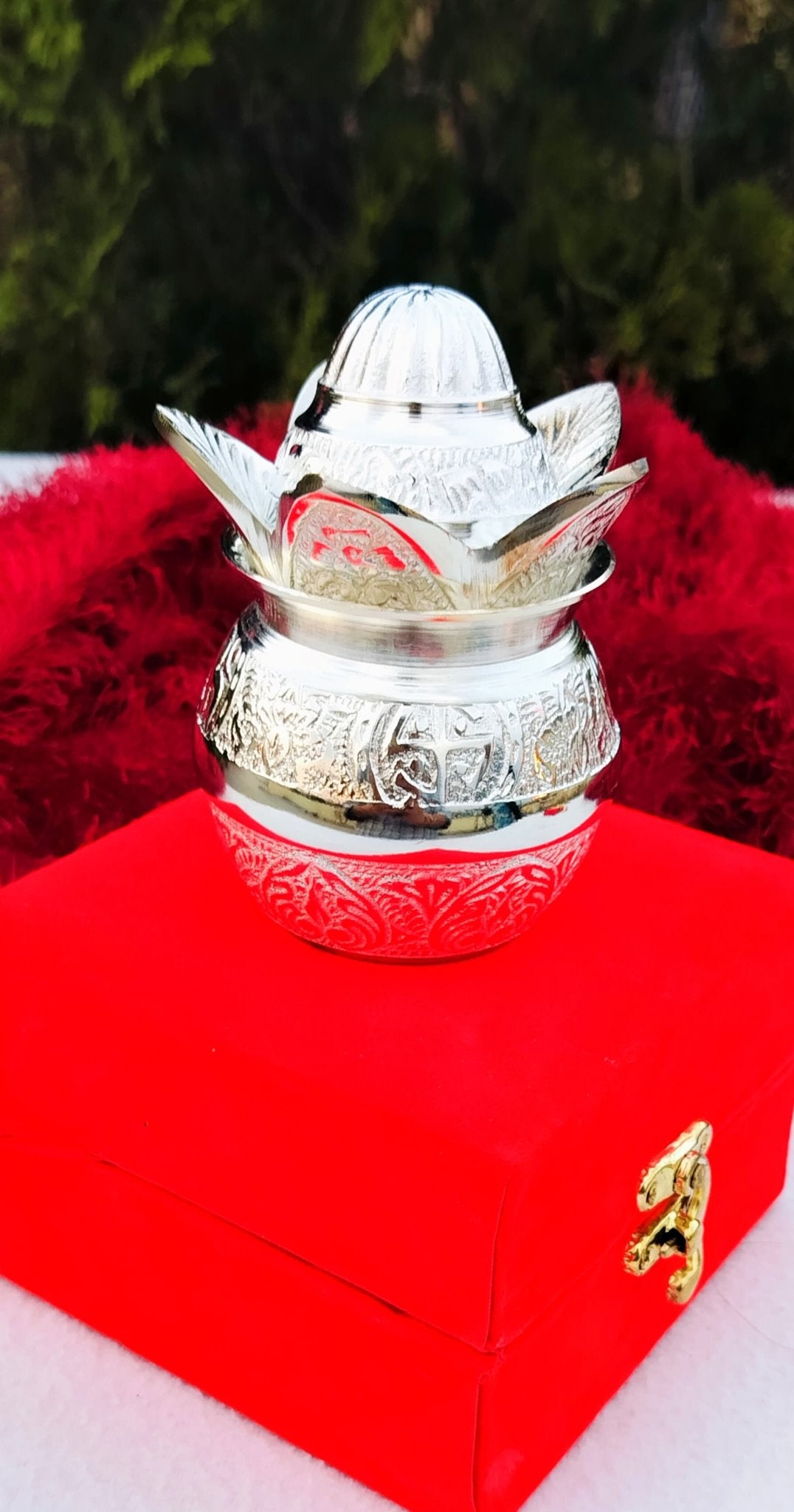 German Silver Mangal Kalash for Puja Or Housewarming Gift In Potli Bag La Vie Bien German Silver Mangal Kalash for Puja Or Housewarming Gift In Potli Bag