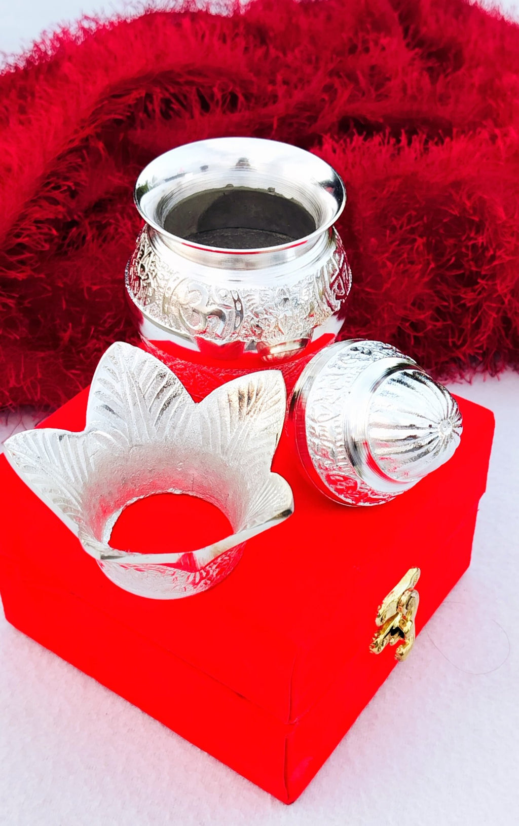 German Silver Mangal Kalash for Puja Or Housewarming Gift In Potli Bag La Vie Bien German Silver Mangal Kalash for Puja Or Housewarming Gift In Potli Bag