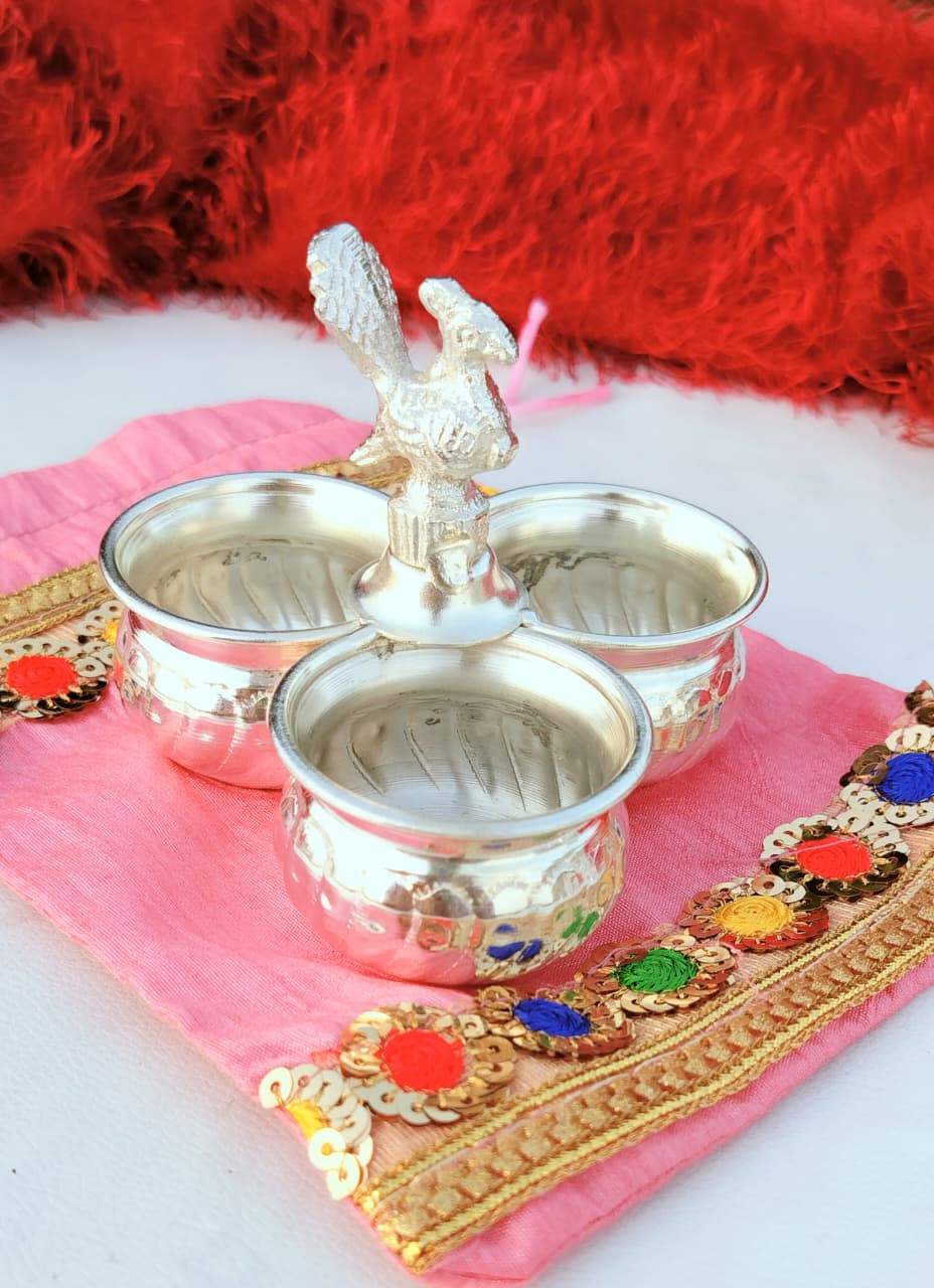 German Silver Peacock Design 3 Bowl Kumkum Holder La Vie Bien German Silver Peacock Design 3 Bowl Kumkum Holder