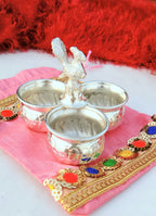German Silver Peacock Design 3 Bowl Kumkum Holder La Vie Bien German Silver Peacock Design 3 Bowl Kumkum Holder