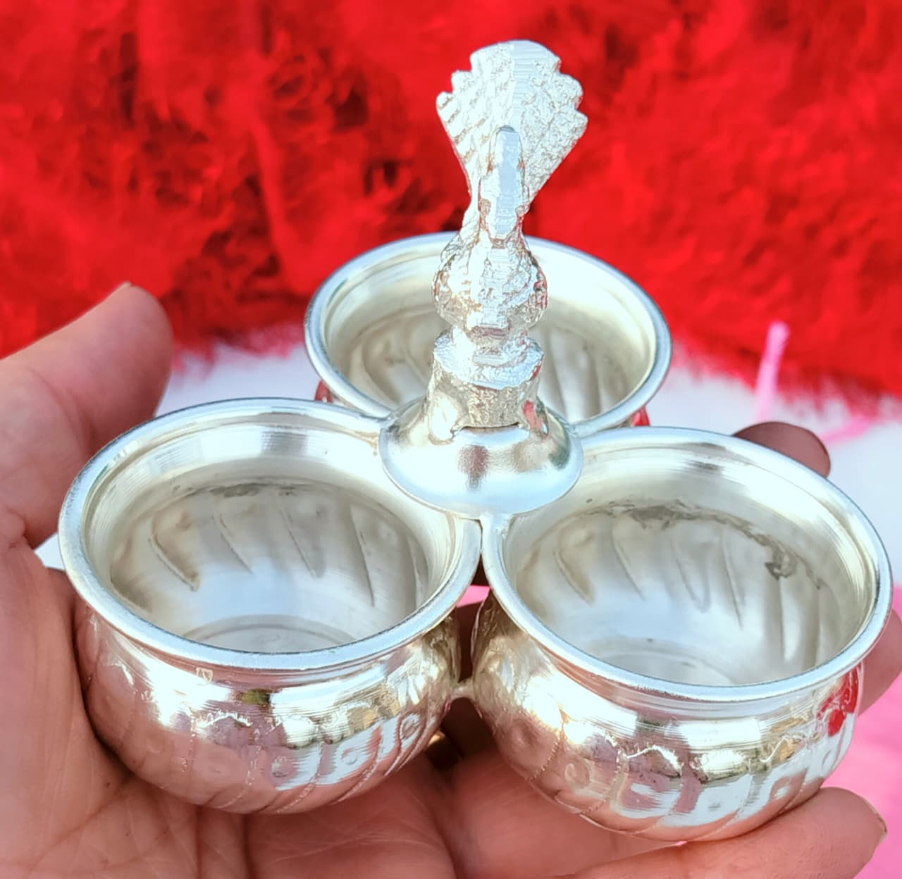 German Silver Peacock Design 3 Bowl Kumkum Holder La Vie Bien German Silver Peacock Design 3 Bowl Kumkum Holder