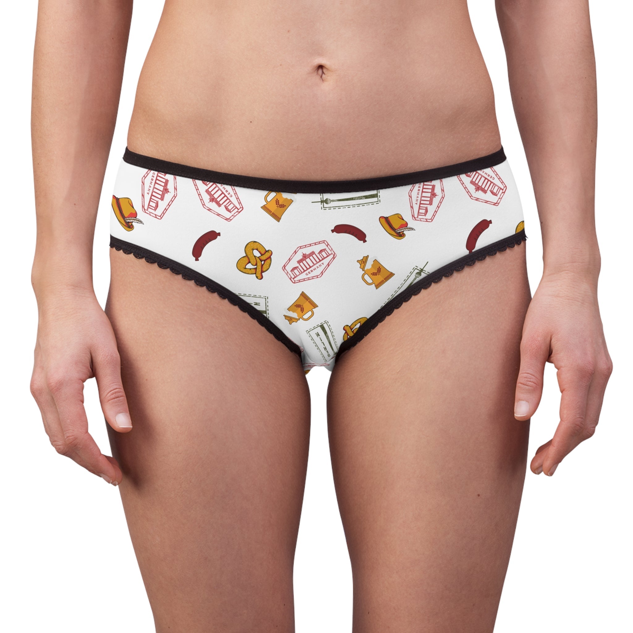 German themed women's undies, Oktoberfest Pretzel Sausage Stamp Pattern Briefs All Over Prints La Vie Bien German themed women's undies, Oktoberfest Pretzel Sausage Stamp Pattern Briefs