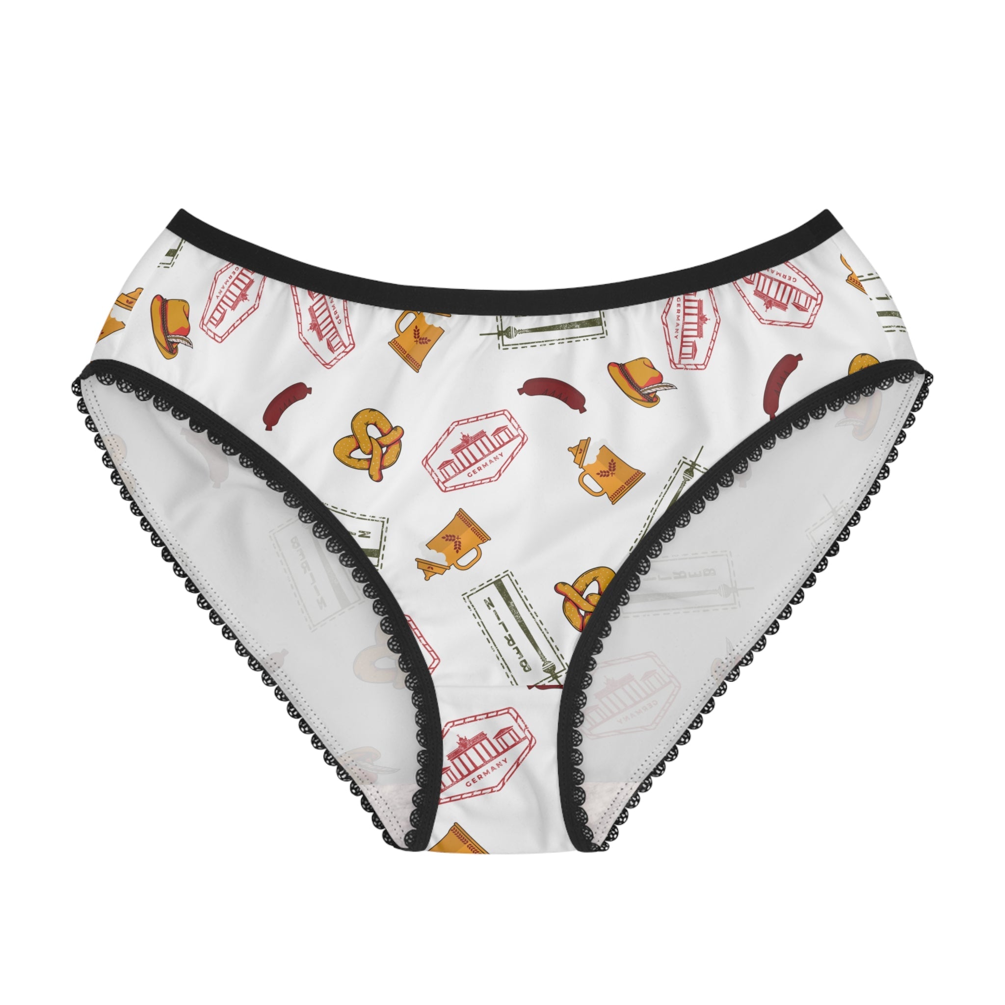German themed women's undies, Oktoberfest Pretzel Sausage Stamp Pattern Briefs All Over Prints La Vie Bien German themed women's undies, Oktoberfest Pretzel Sausage Stamp Pattern Briefs