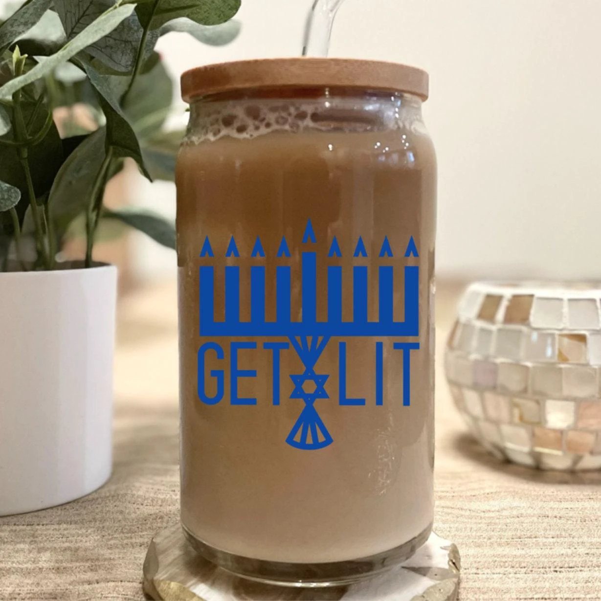 Get Lit Menorah Glass Can Cup by Salt Sparkle Shalom