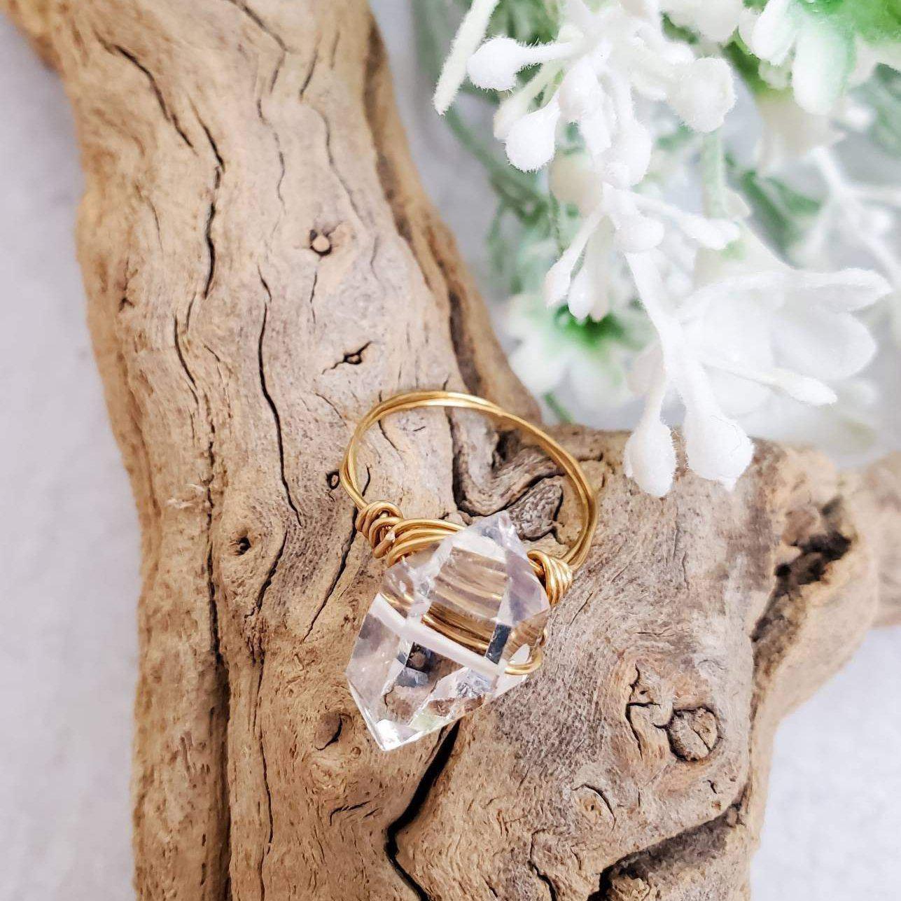 Giant Herkimer Diamond Wire Wrapped Ring Finger Rings La Vie Bien Giant Herkimer Diamond Wire Wrapped Ring