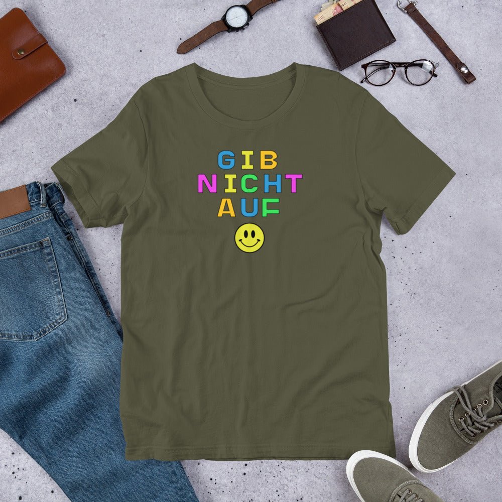 Gib nicht auf (don't give up) German happy face Unisex t-shirt, bright colorful print T-Shirt La Vie Bien Gib nicht auf (don't give up) German happy face Unisex t-shirt, bright colorful print
