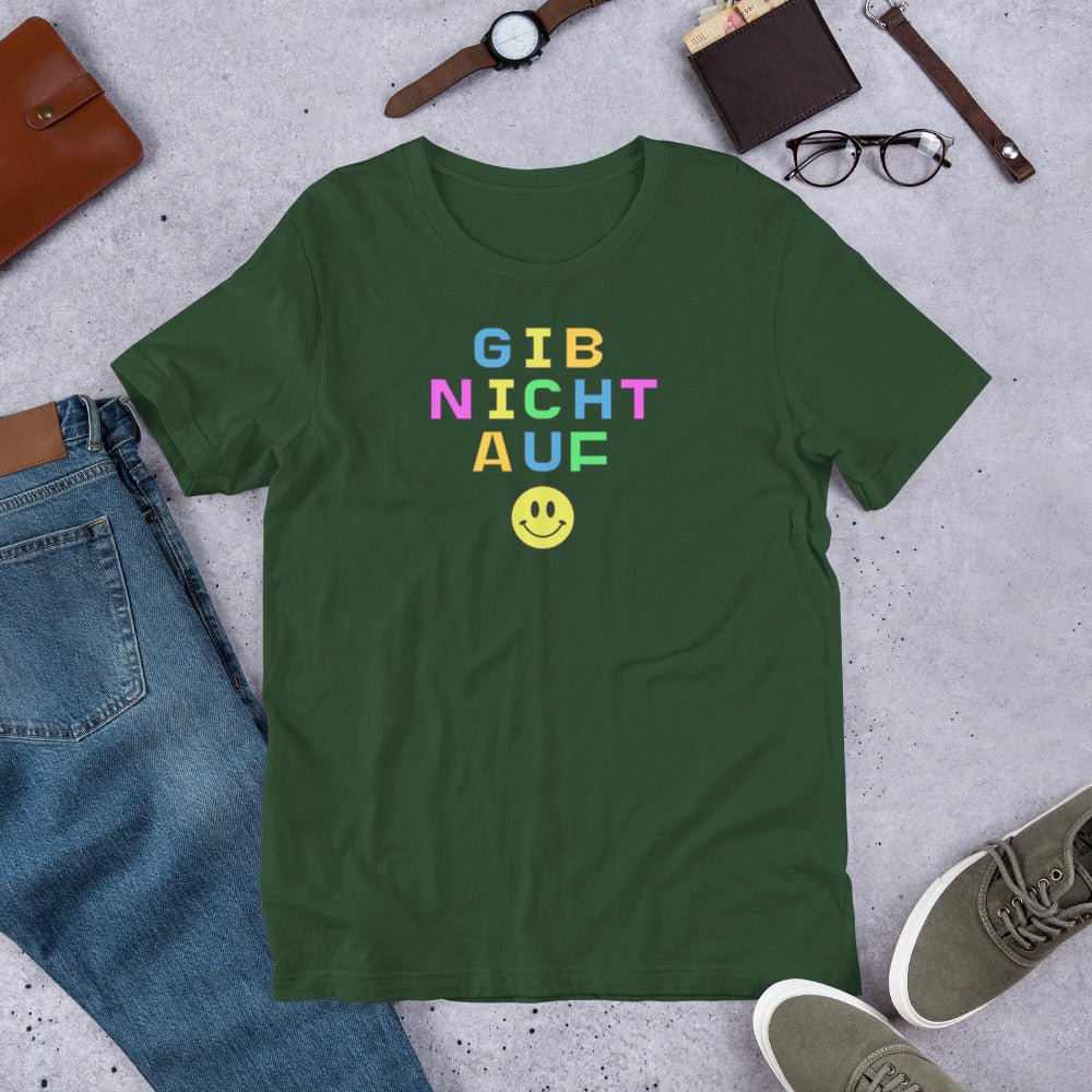 Gib nicht auf (don't give up) German happy face Unisex t-shirt, bright colorful print T-Shirt La Vie Bien Gib nicht auf (don't give up) German happy face Unisex t-shirt, bright colorful print