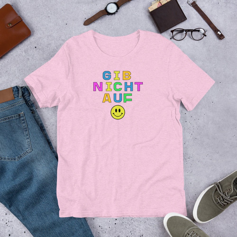 Gib nicht auf (don't give up) German happy face Unisex t-shirt, bright colorful print T-Shirt La Vie Bien Gib nicht auf (don't give up) German happy face Unisex t-shirt, bright colorful print