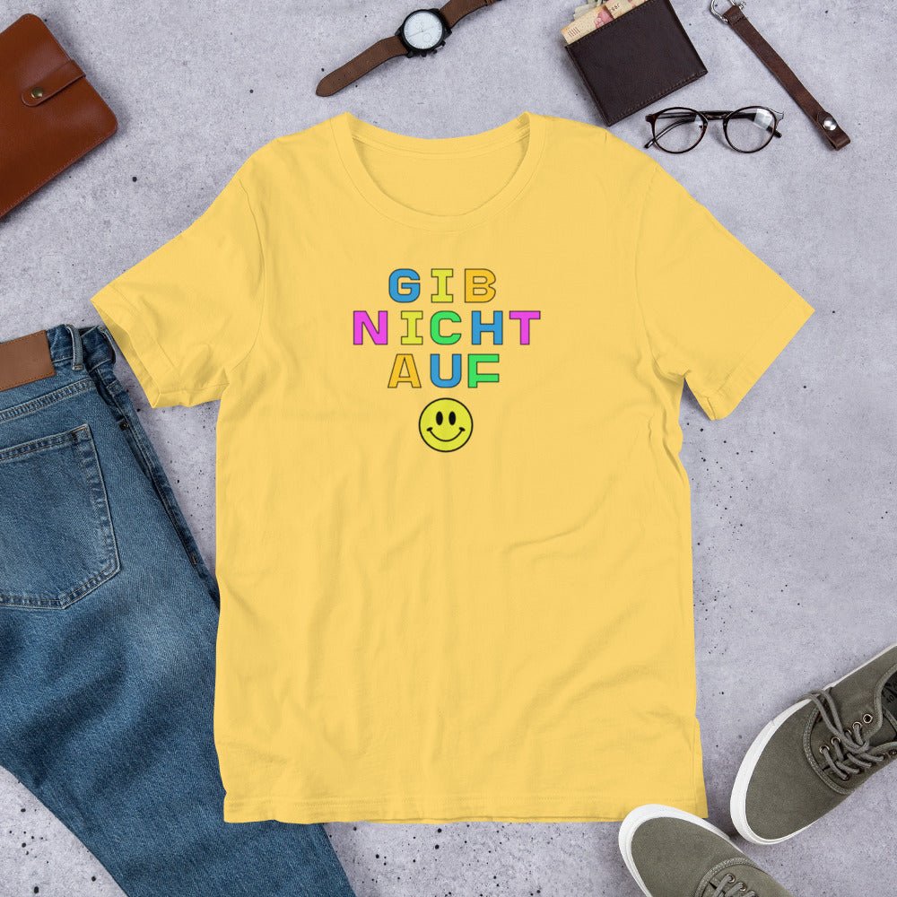 Gib nicht auf (don't give up) German happy face Unisex t-shirt, bright colorful print T-Shirt La Vie Bien Gib nicht auf (don't give up) German happy face Unisex t-shirt, bright colorful print