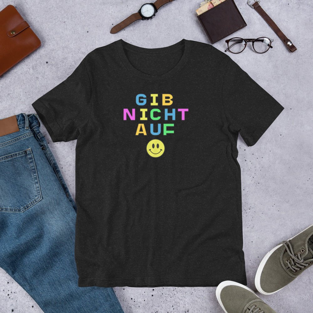 Gib nicht auf (don't give up) German happy face Unisex t-shirt, bright colorful print T-Shirt La Vie Bien Gib nicht auf (don't give up) German happy face Unisex t-shirt, bright colorful print