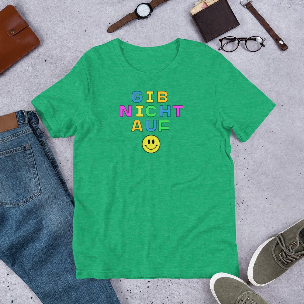 Gib nicht auf (don't give up) German happy face Unisex t-shirt, bright colorful print T-Shirt La Vie Bien Gib nicht auf (don't give up) German happy face Unisex t-shirt, bright colorful print