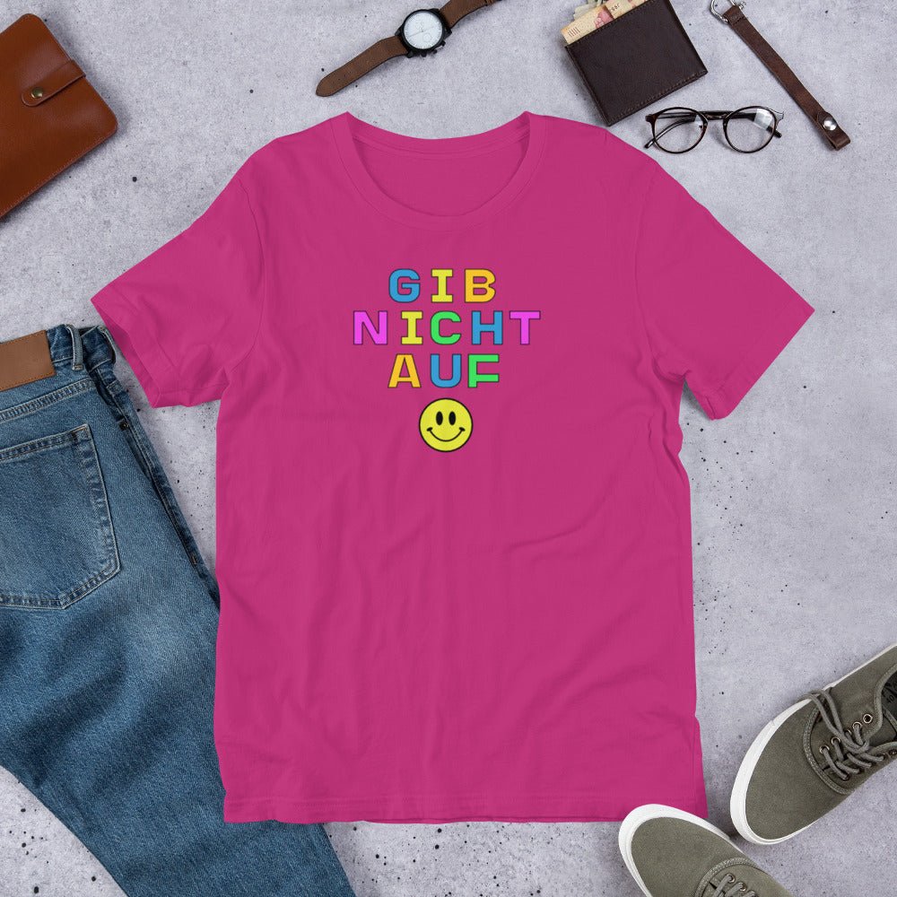 Gib nicht auf (don't give up) German happy face Unisex t-shirt, bright colorful print T-Shirt La Vie Bien Gib nicht auf (don't give up) German happy face Unisex t-shirt, bright colorful print