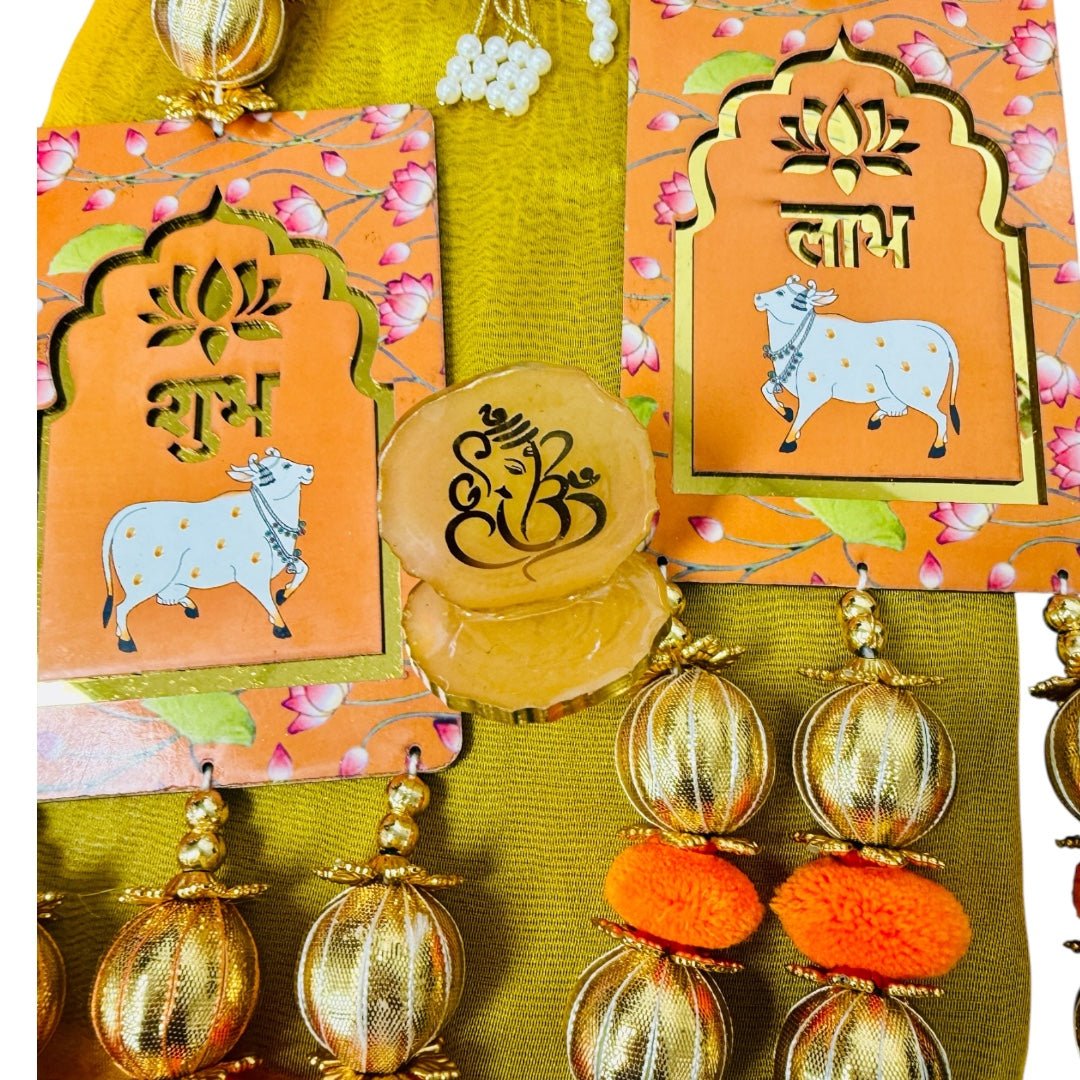 Gift Combo - Pair of Shubh Labh & Resin Ganesha in Tissue Fabric Reusable Gift Bag La Vie Bien Gift Combo - Pair of Shubh Labh & Resin Ganesha in Tissue Fabric Reusable Gift Bag