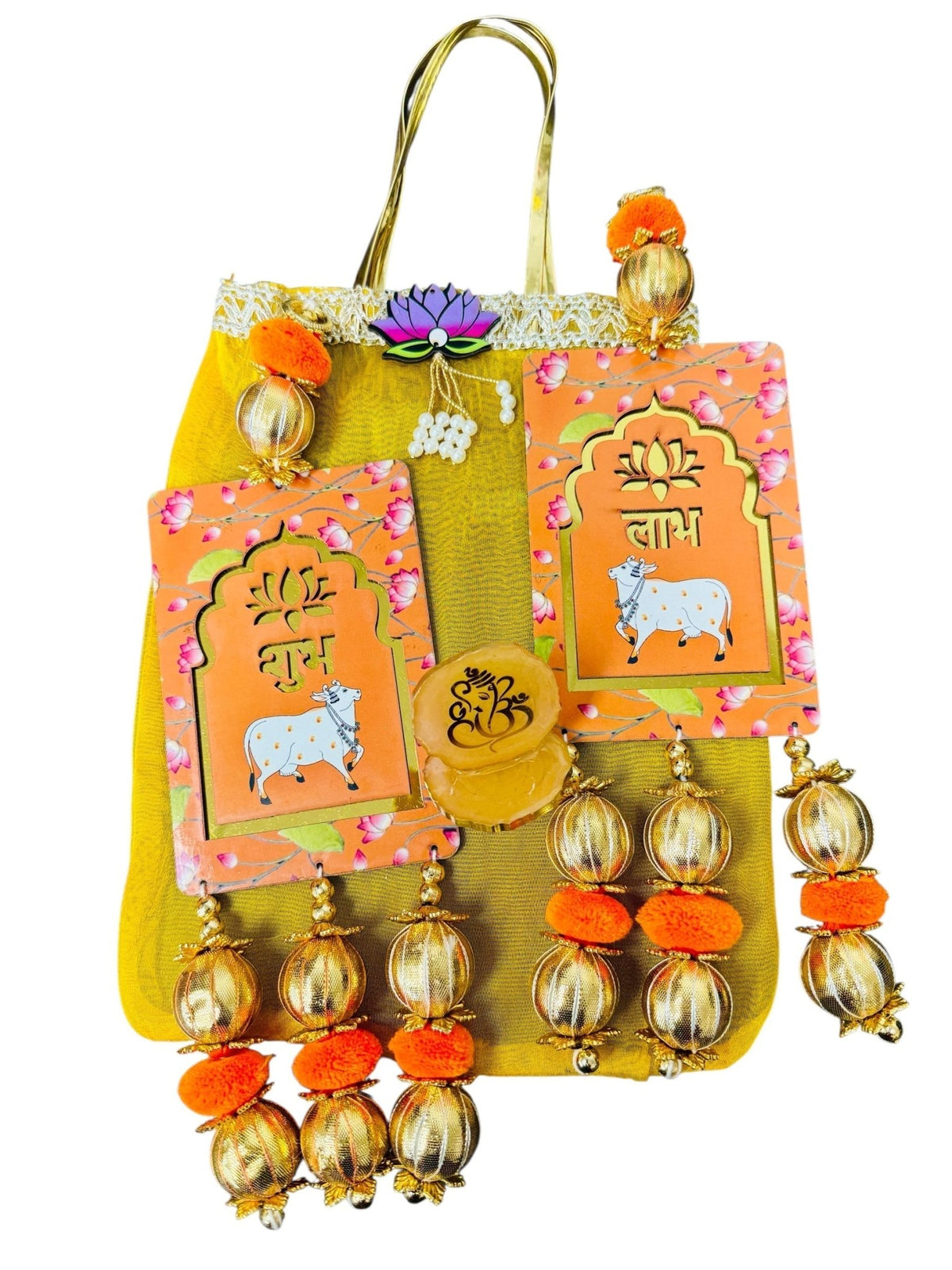 Gift Combo - Pair of Shubh Labh & Resin Ganesha in Tissue Fabric Reusable Gift Bag La Vie Bien Gift Combo - Pair of Shubh Labh & Resin Ganesha in Tissue Fabric Reusable Gift Bag