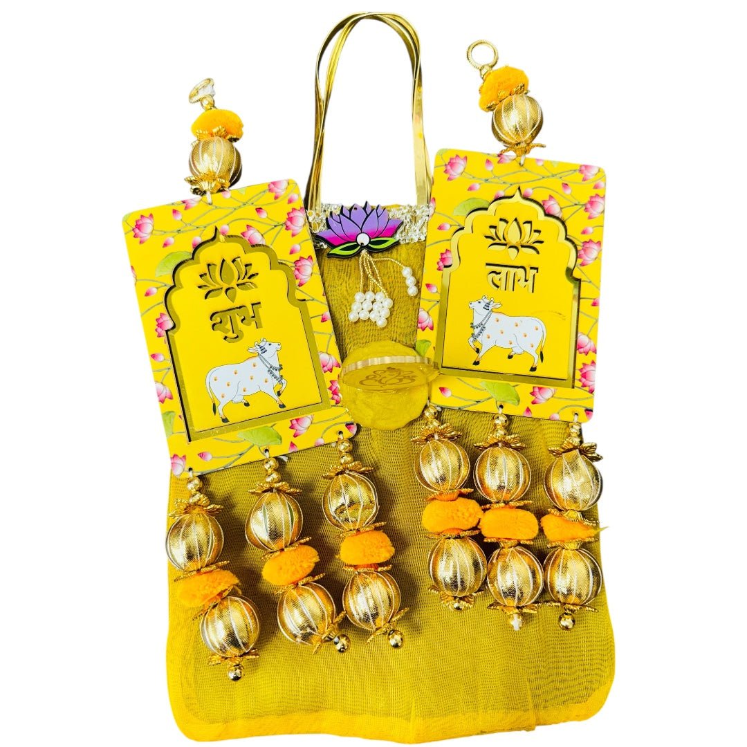 Gift Combo - Pair of Shubh Labh & Resin Ganesha in Tissue Fabric Reusable Gift Bag La Vie Bien Gift Combo - Pair of Shubh Labh & Resin Ganesha in Tissue Fabric Reusable Gift Bag