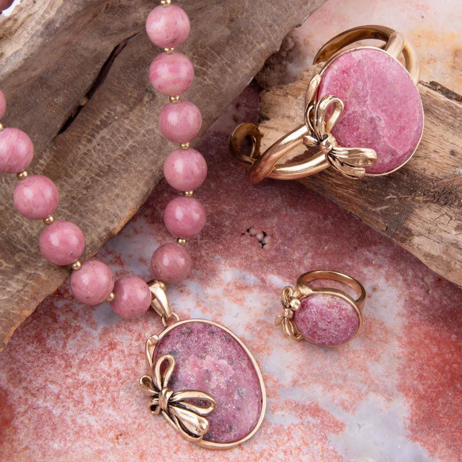 Gifted Pink Rhodonite Gold Bow Beaded Pendant Necklace by Barse Jewelry