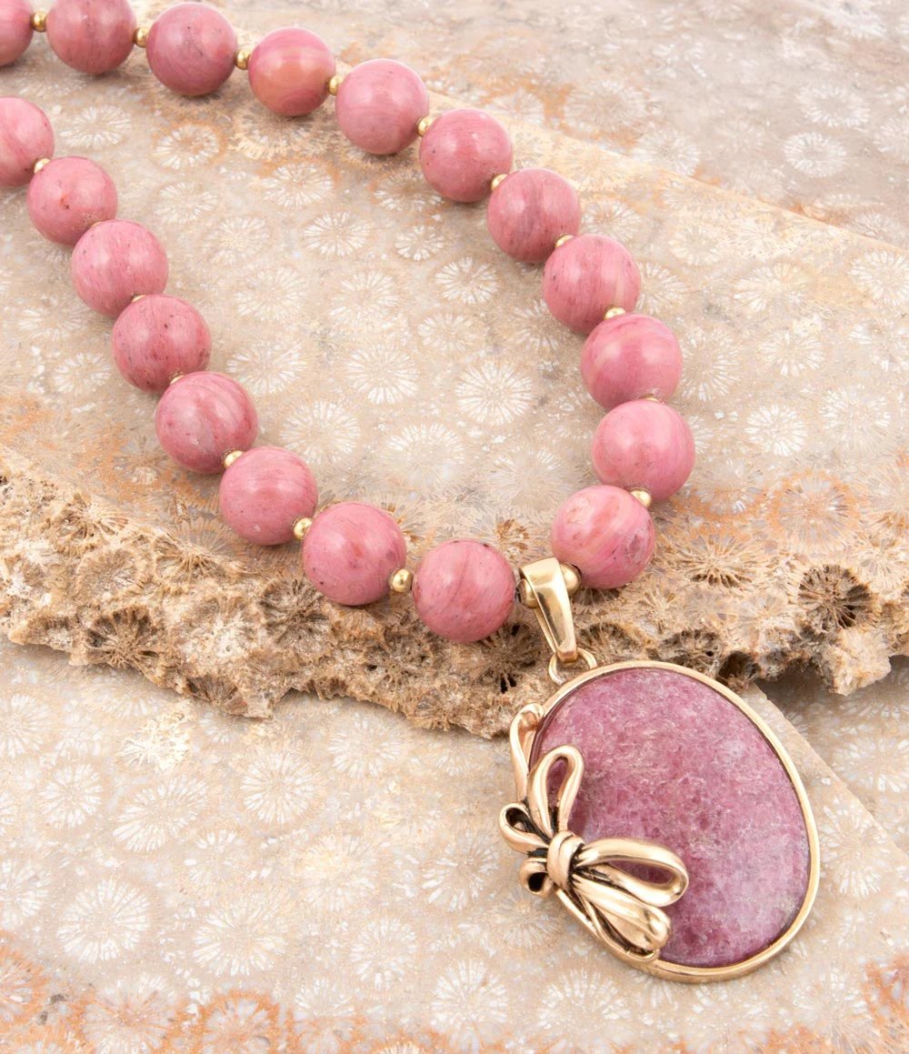 Gifted Pink Rhodonite Gold Bow Beaded Pendant Necklace by Barse Jewelry