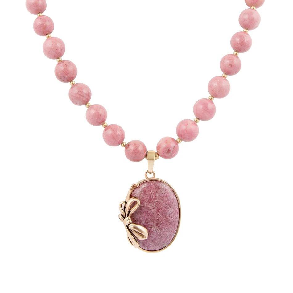 Gifted Pink Rhodonite Gold Bow Beaded Pendant Necklace by Barse Jewelry