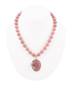 Gifted Pink Rhodonite Gold Bow Beaded Pendant Necklace by Barse Jewelry